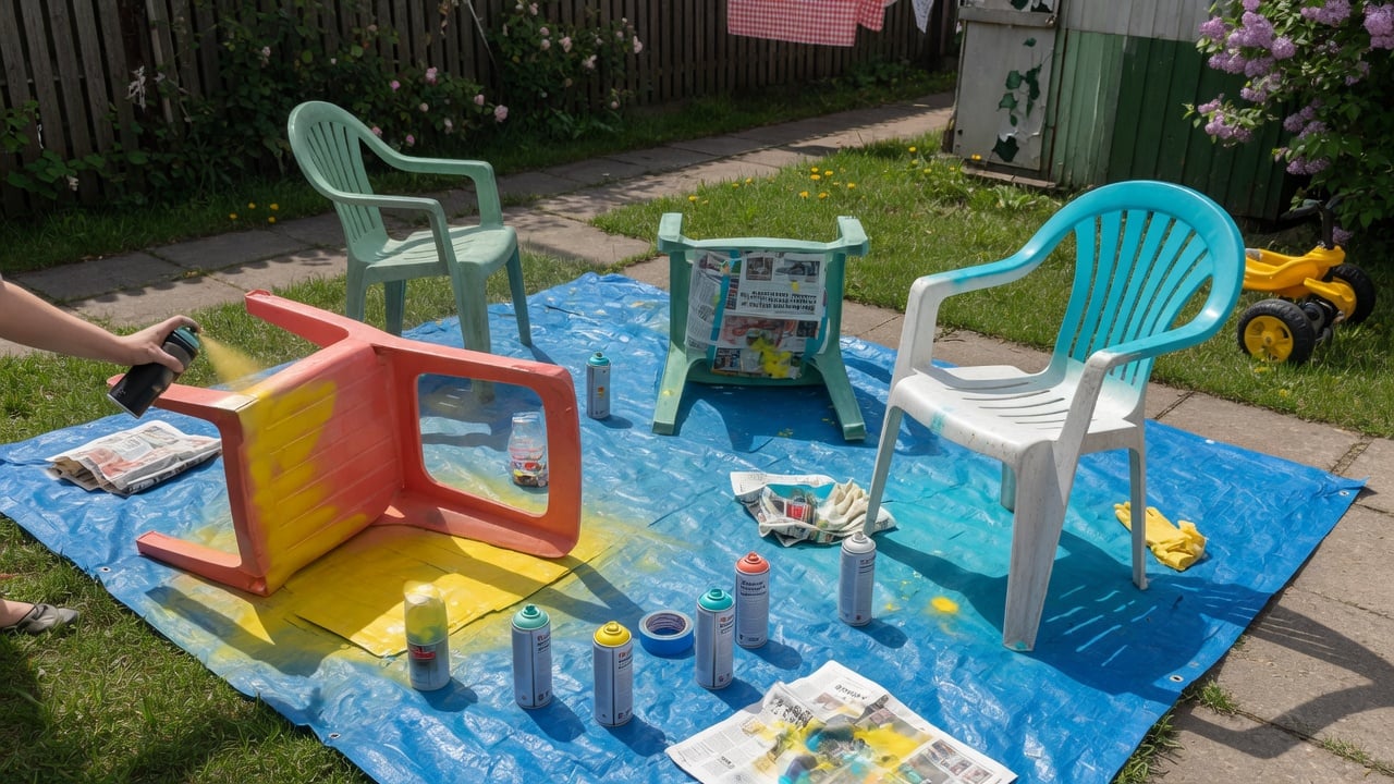 Plastikowe krzesła ogrodowe w trakcie malowania farbą w sprayu