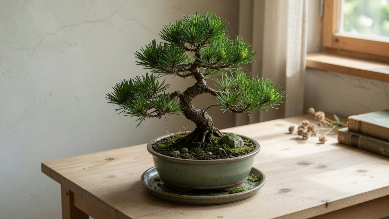Miniaturowe drzewko bonsai w ceramicznej doniczce na drewnianym blacie
