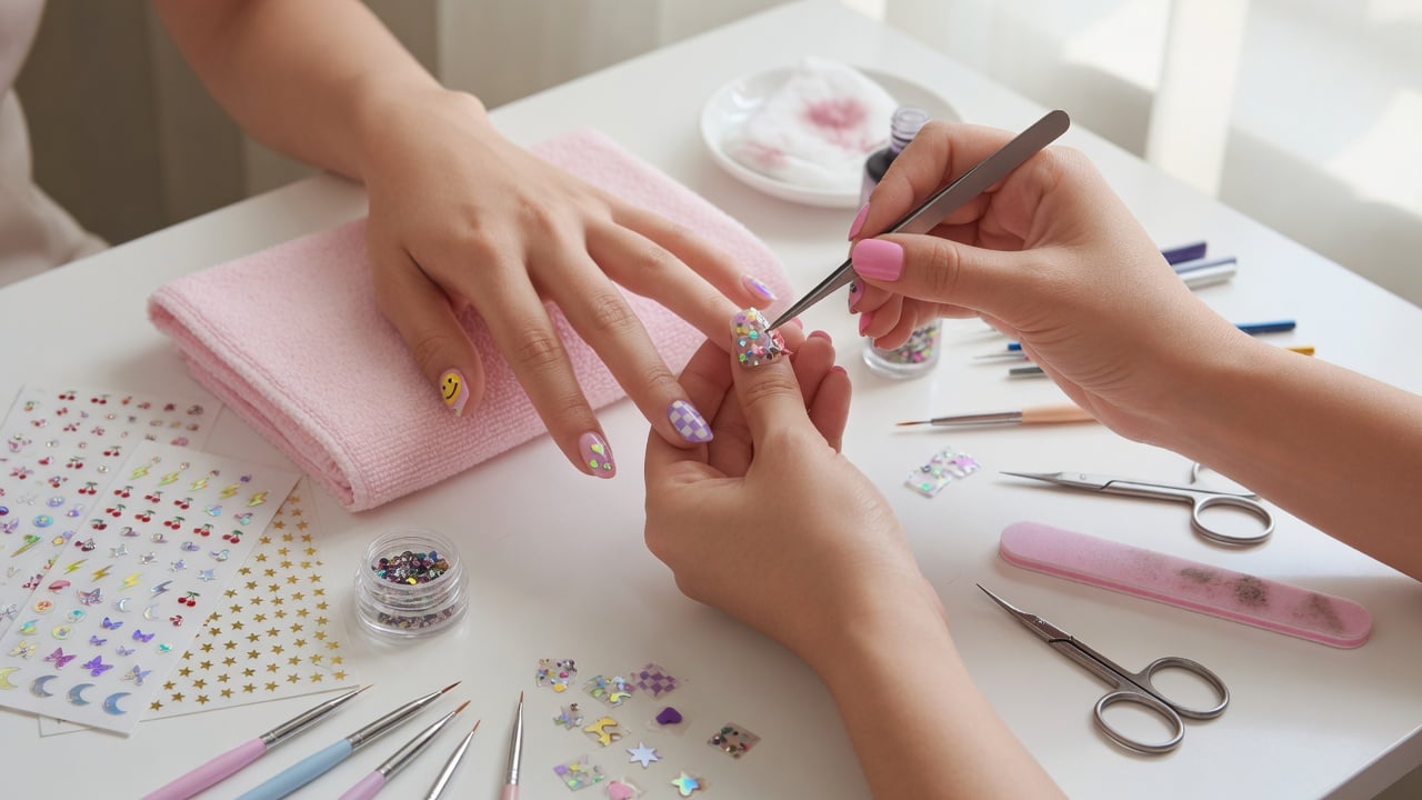 Kolorowe naklejki na paznokcie podczas domowego manicure