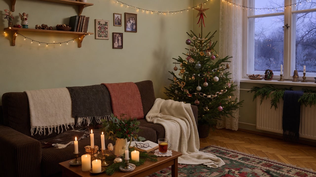 Przytulny salon z choinką, lampkami i tekstylnymi dekoracjami świątecznymi