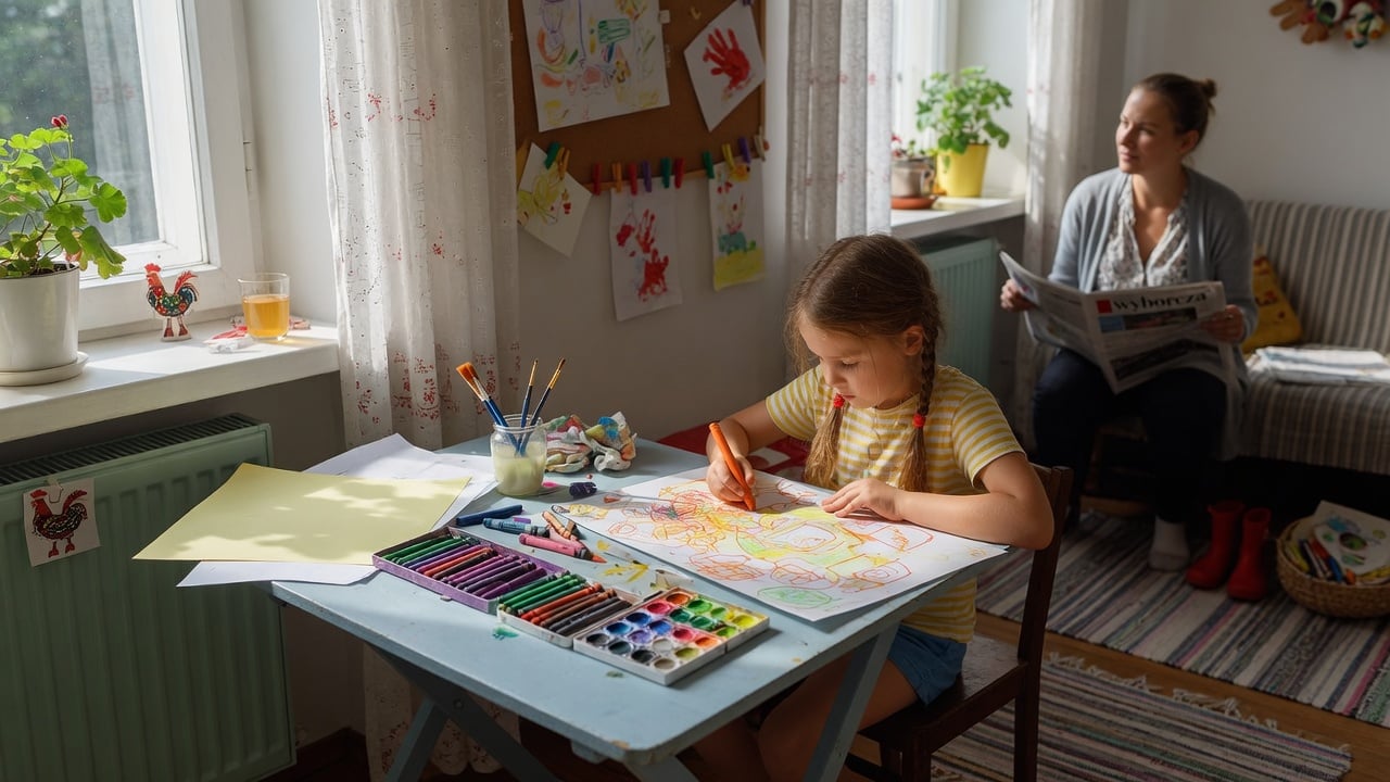 Dziecko przy stoliku z farbami i papierem w domowym kąciku twórczym