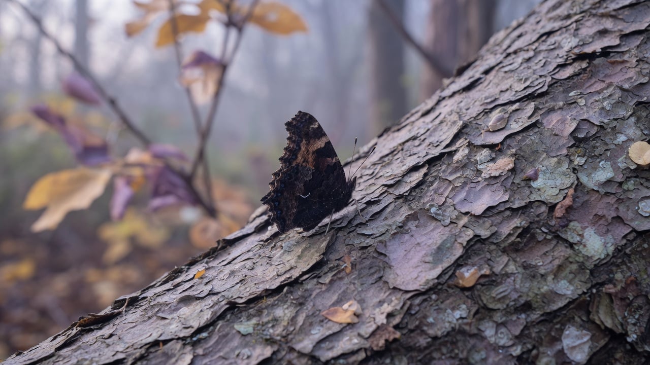 Motyl na korze drzewa w jesiennym, chłodnym świetle