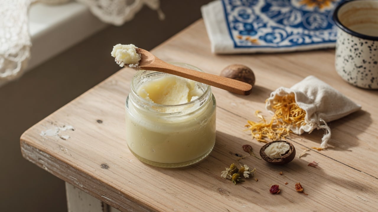 Domowy balsam z masłem shea w szklanym słoiczku