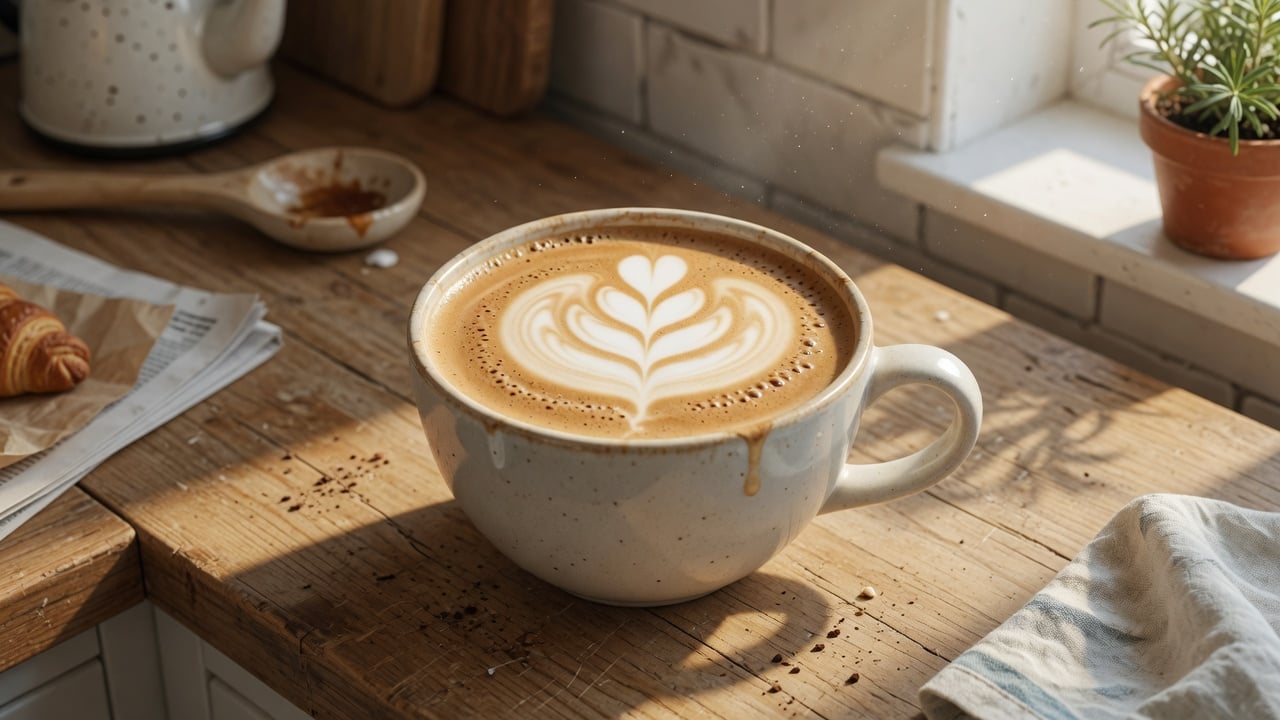 Filiżanka cappuccino z pianką w domowej kuchni