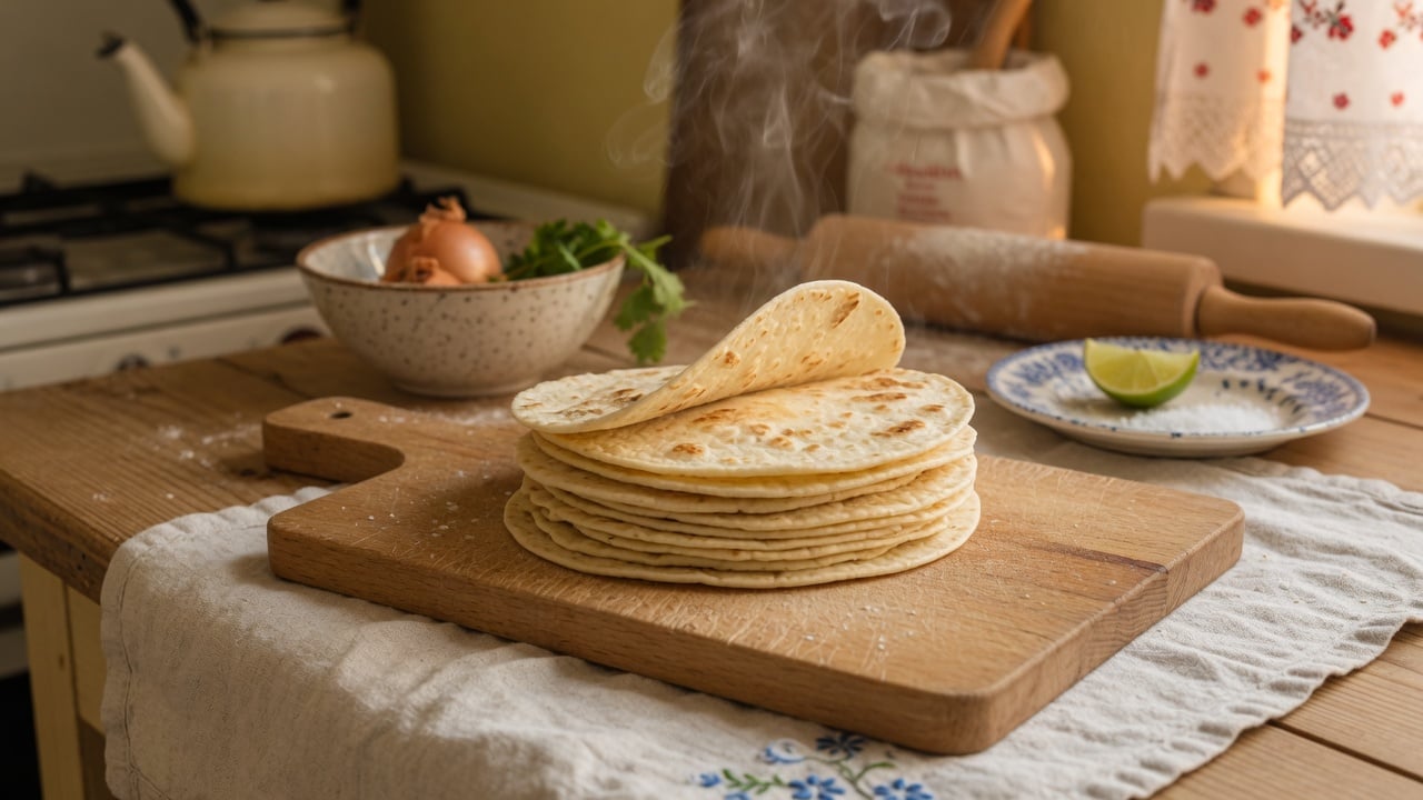 Świeżo usmażone mini tortille na desce w domowej kuchni