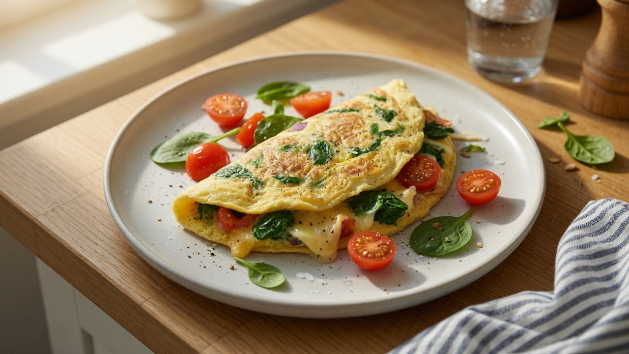 Omlet fit z warzywami na patelni w domowej kuchni