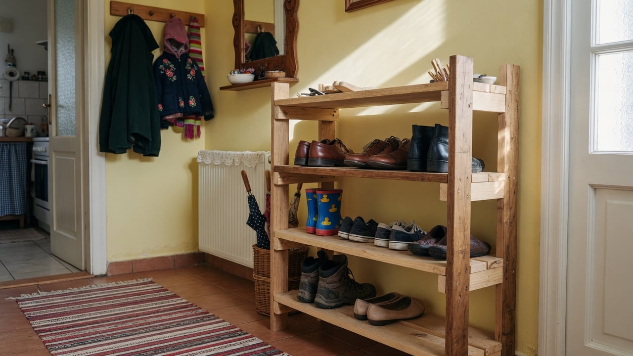 Drewniana półka na buty w jasnym przedpokoju