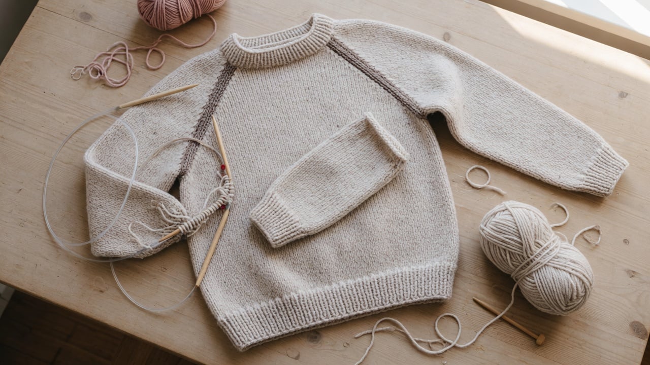 Sweter raglan na drutach z widocznymi skośnymi liniami rękawów