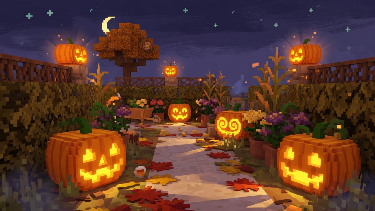 Świecąca dynia jack o’lantern w nocnym krajobrazie Minecraft