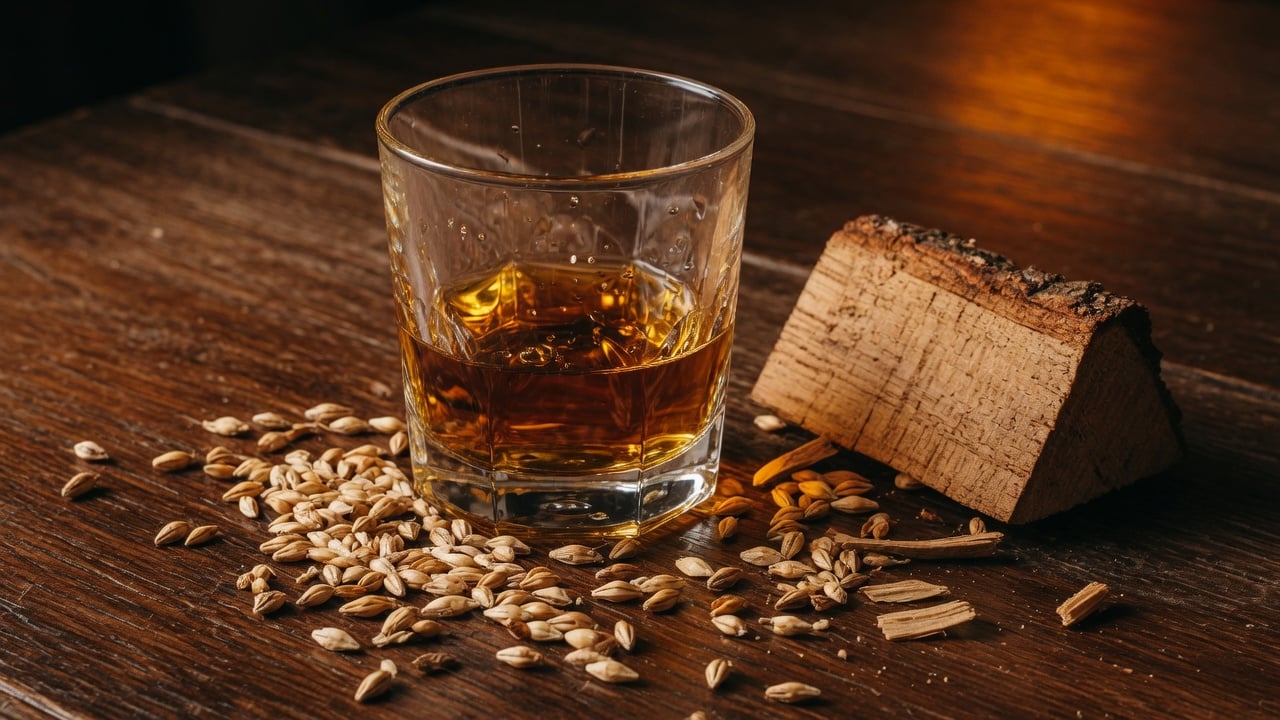 Kieliszek whisky bursztynowej przy dębowej desce i ziarnach zbóż