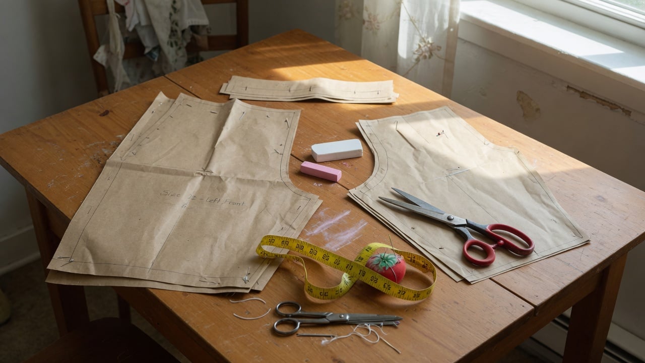 Papierowy wykój spodni na stole krawieckim z nożyczkami i kredą
