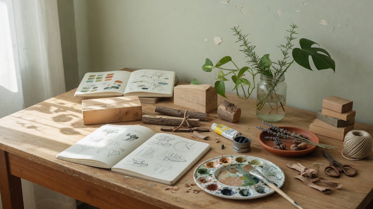 Stół roboczy z materiałami do domowych projektów kreatywnych i DIY