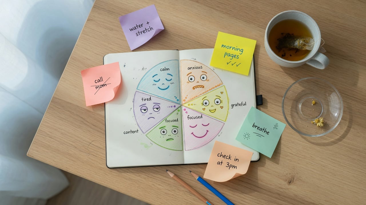 Notes z mapą emocji, kolorowe karteczki i kubek herbaty na stole