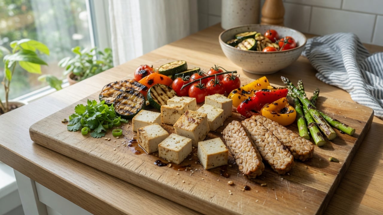 Roślinne zamienniki mięsa: tofu, tempeh i warzywa na desce kuchennej