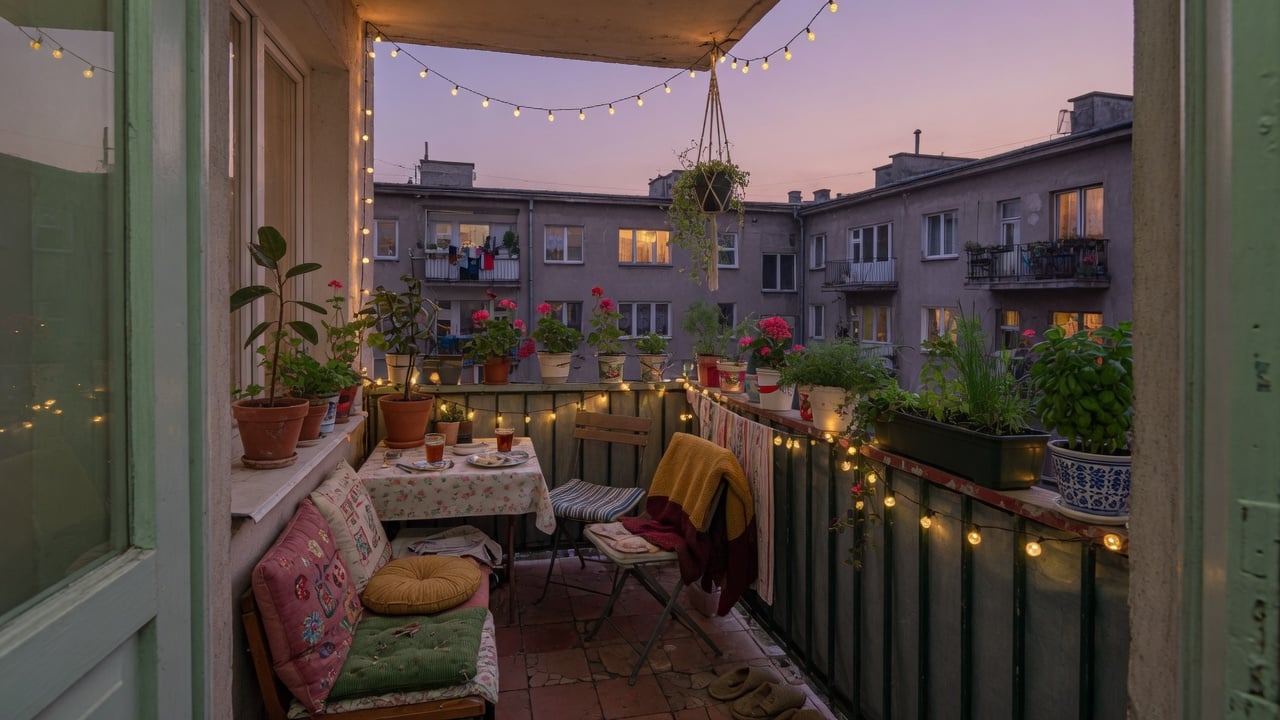 Przytulny balkon z meblami, poduszkami i roślinami w donicach