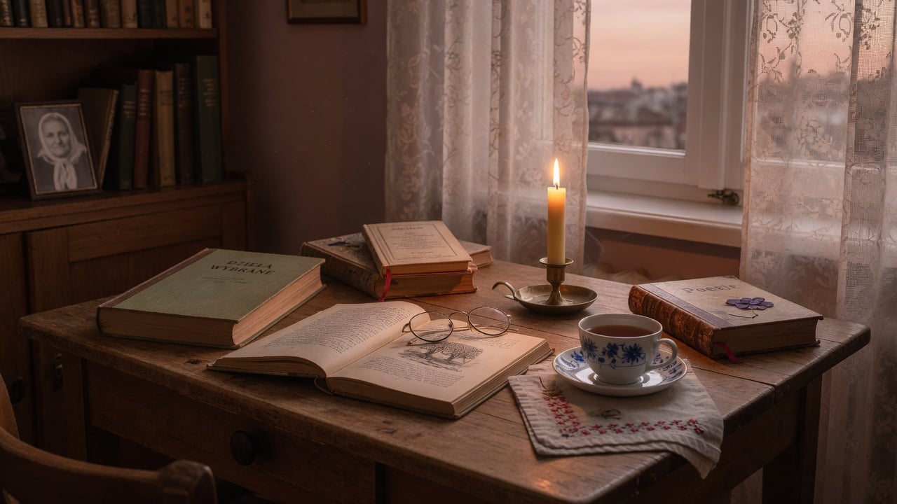 Symboliczna scena kontemplacyjna ze świecami i książkami o historii wierzeń