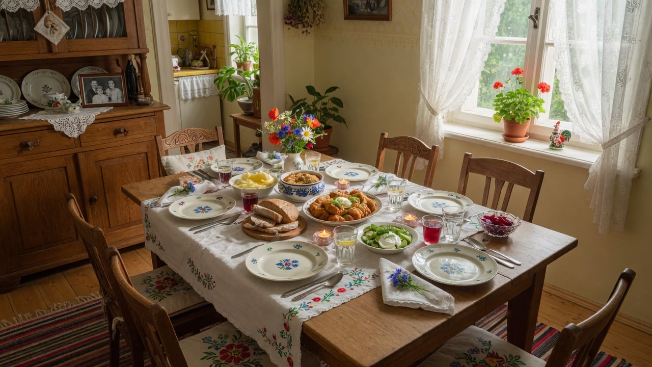 Drewniany stół jadalniany w jasnym wnętrzu przygotowany do rodzinnego posiłku
