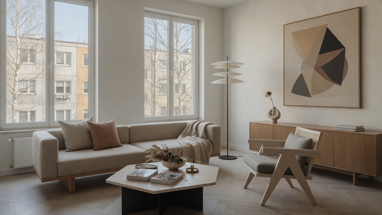 Jasne nowoczesne wnętrze w stylu modern z prostymi meblami i dużą ilością światła