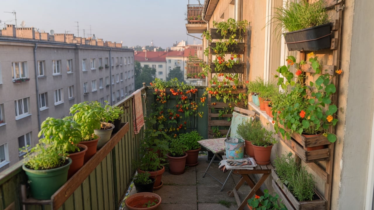 Balkon z ziołami i warzywami w donicach — miejski ogród w donicach